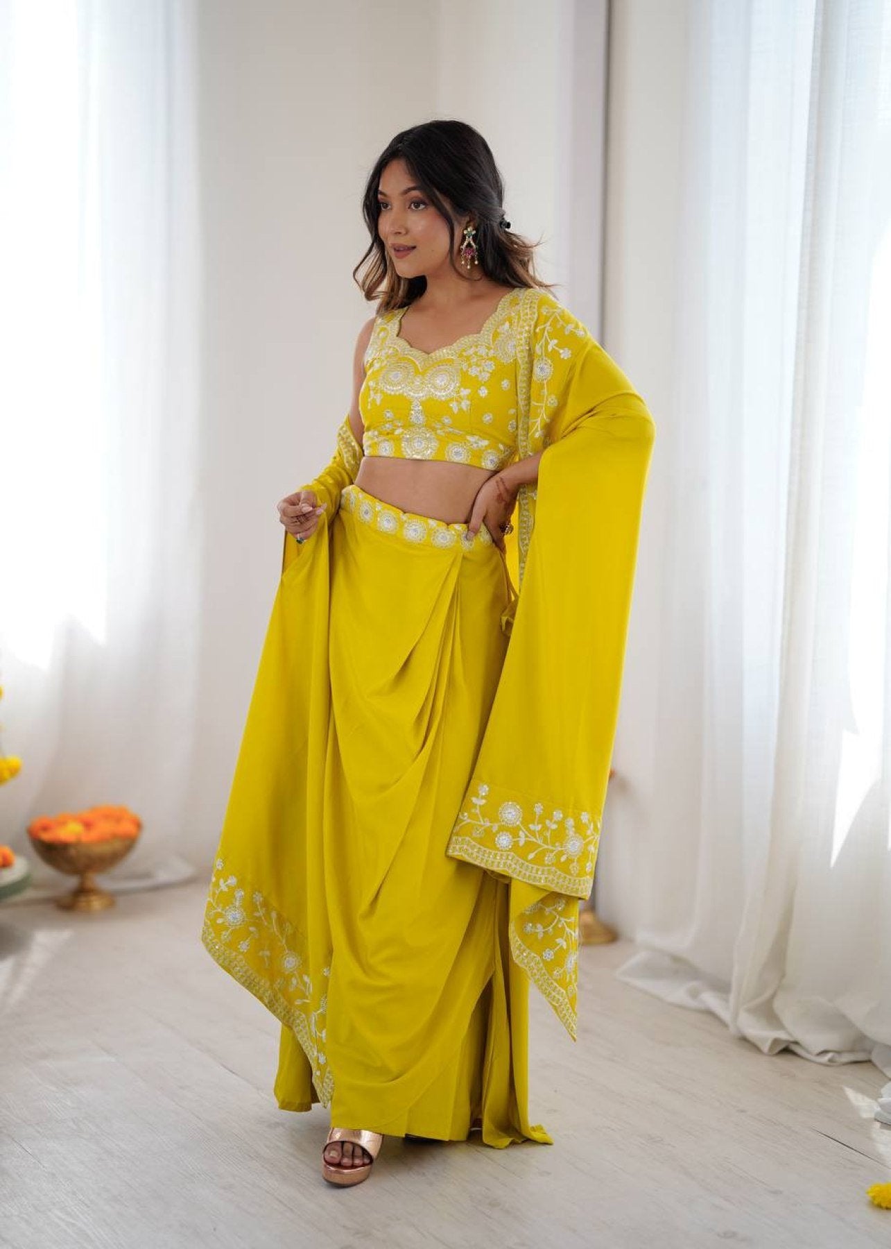 Indo Western Crepe Silk Dhoti Set with Silk Blouse Sequined Shrug Lehenga back view