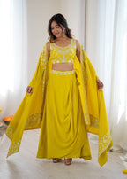 Indo Western Crepe Silk Dhoti Set with Silk Blouse Sequined Shrug Lehenga styling view