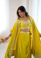 Indo Western Crepe Silk Dhoti Set with Silk Blouse Sequined Shrug Lehenga colour variant view