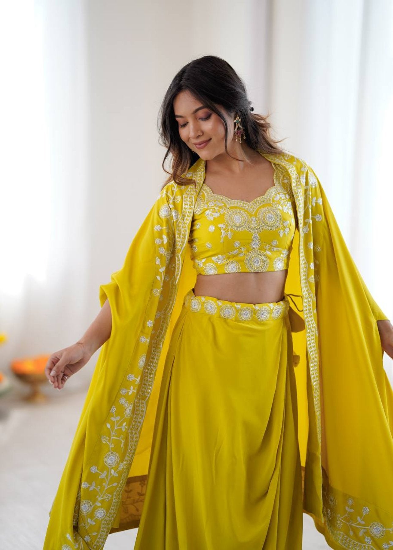 Indo Western Crepe Silk Dhoti Set with Silk Blouse Sequined Shrug Lehenga colour variant view