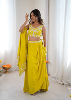 Indo Western Crepe Silk Dhoti Set with Silk Blouse Sequined Shrug Lehenga front view