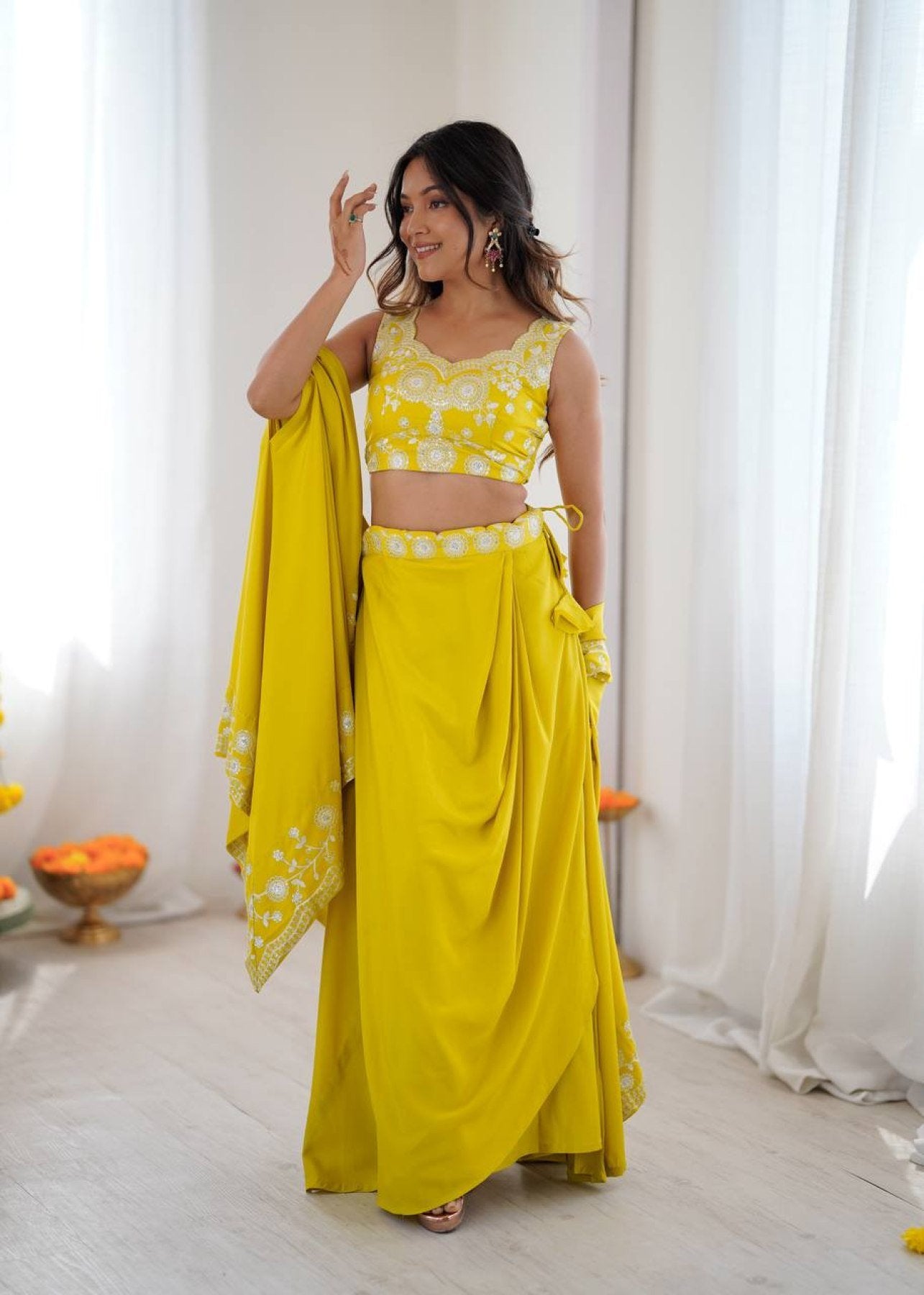 Indo Western Crepe Silk Dhoti Set with Silk Blouse Sequined Shrug Lehenga front view
