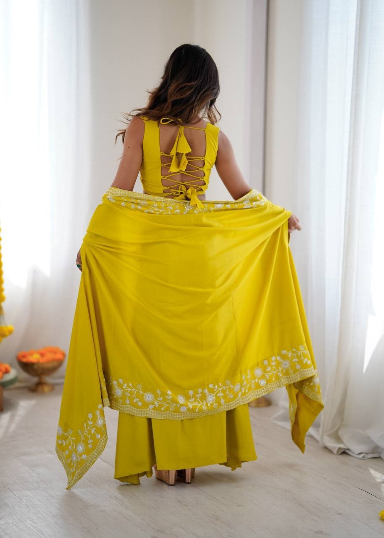 Indo Western Crepe Silk Dhoti Set with Silk Blouse Sequined Shrug Lehenga full drape view