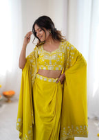 Indo Western Crepe Silk Dhoti Set with Silk Blouse Sequined Shrug Lehenga detailed view