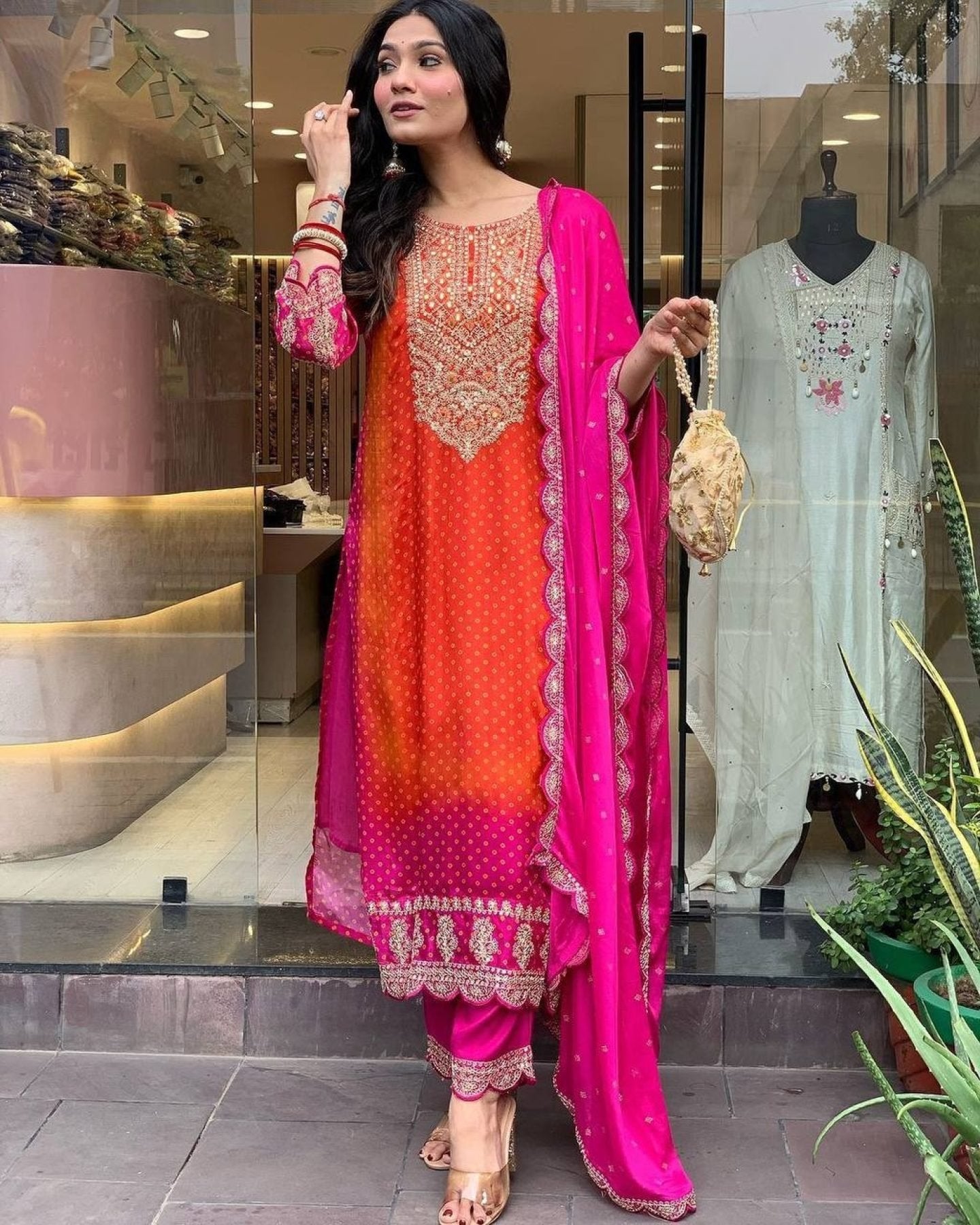 Multicoloured Bandhani print with mirror work and print Plus Size Kurti full set view
