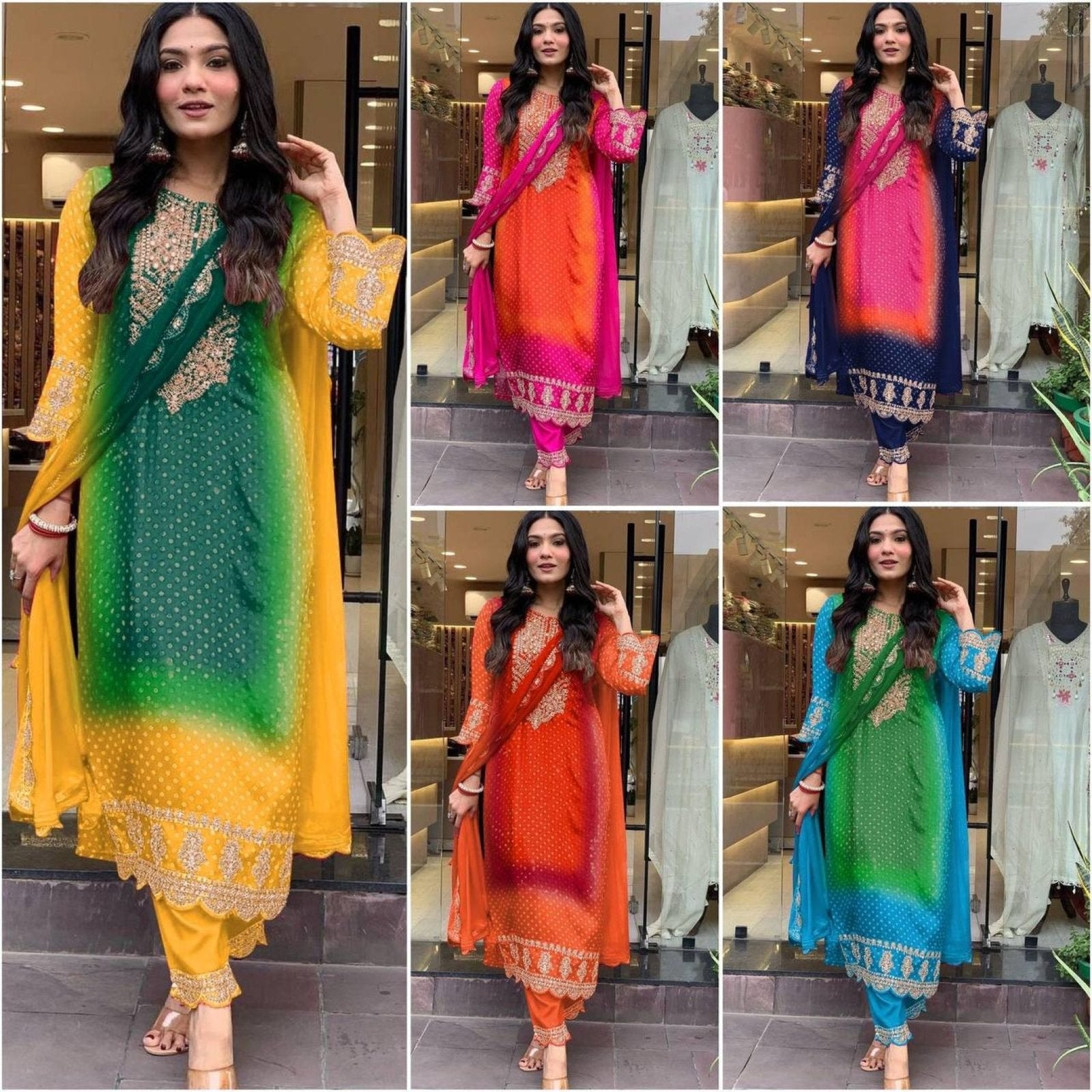 Multicoloured Bandhani print with mirror work and print Plus Size Kurti embroidery close-up