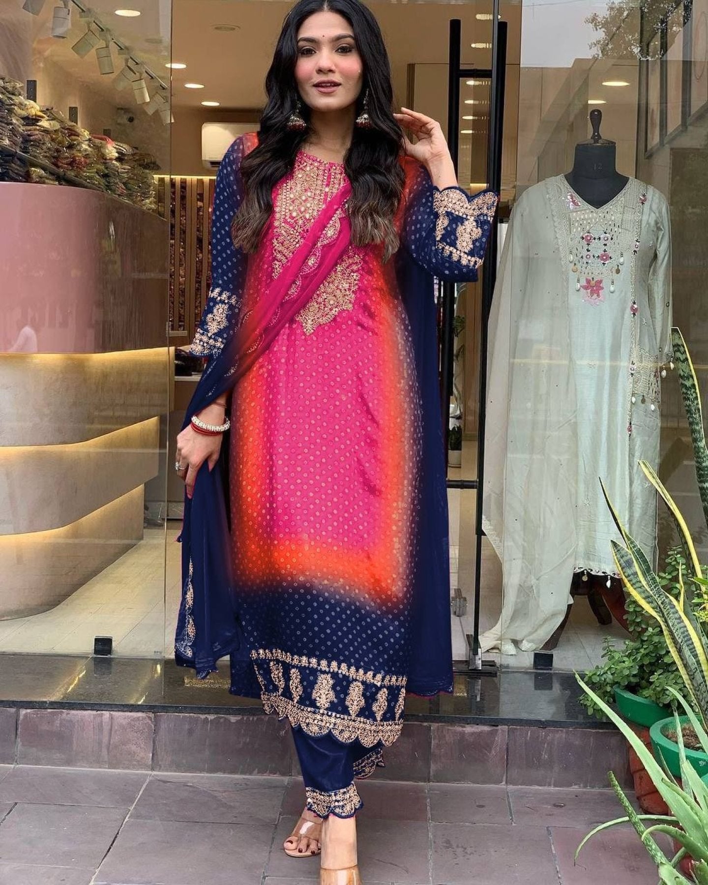Multicoloured Bandhani print with mirror work and print Plus Size Kurti styling view