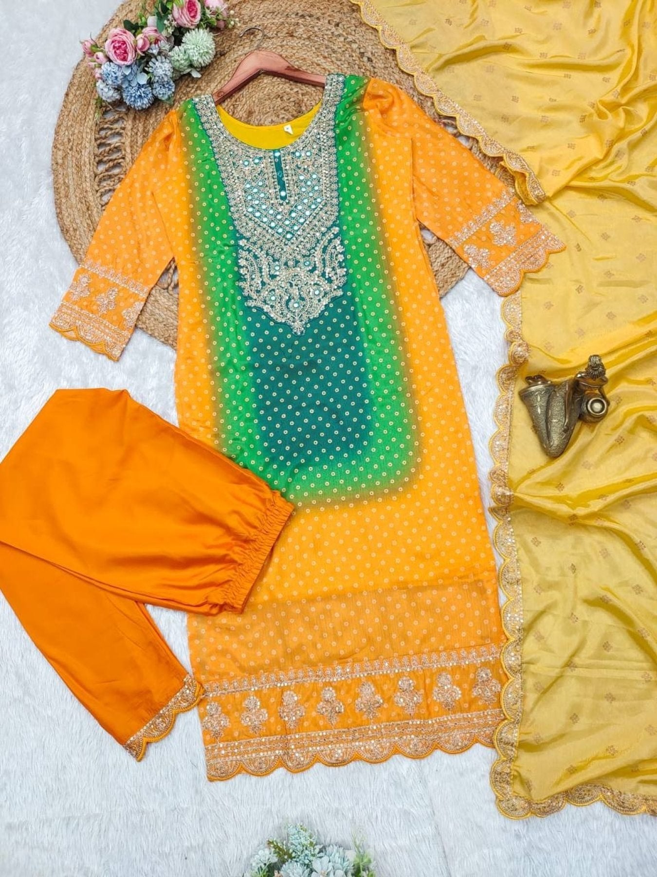 Multicoloured Bandhani print with mirror work and print Plus Size Kurti front view