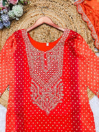 Multicoloured Bandhani print with mirror work and print Plus Size Kurti full set view
