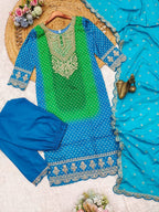 Multicoloured Bandhani print with mirror work and print Plus Size Kurti embroidery close-up