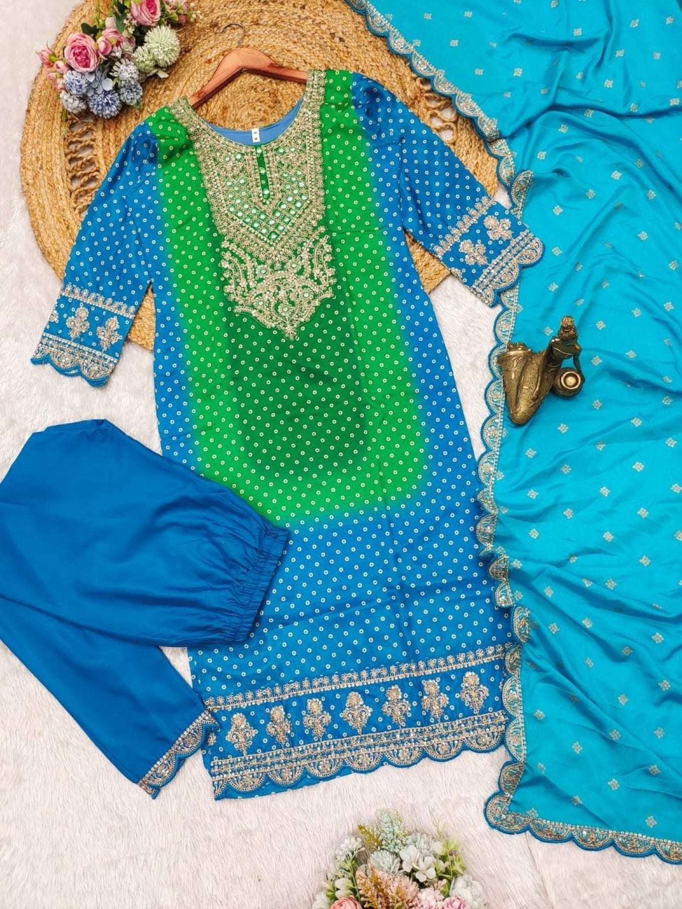 Multicoloured Bandhani print with mirror work and print Plus Size Kurti embroidery close-up
