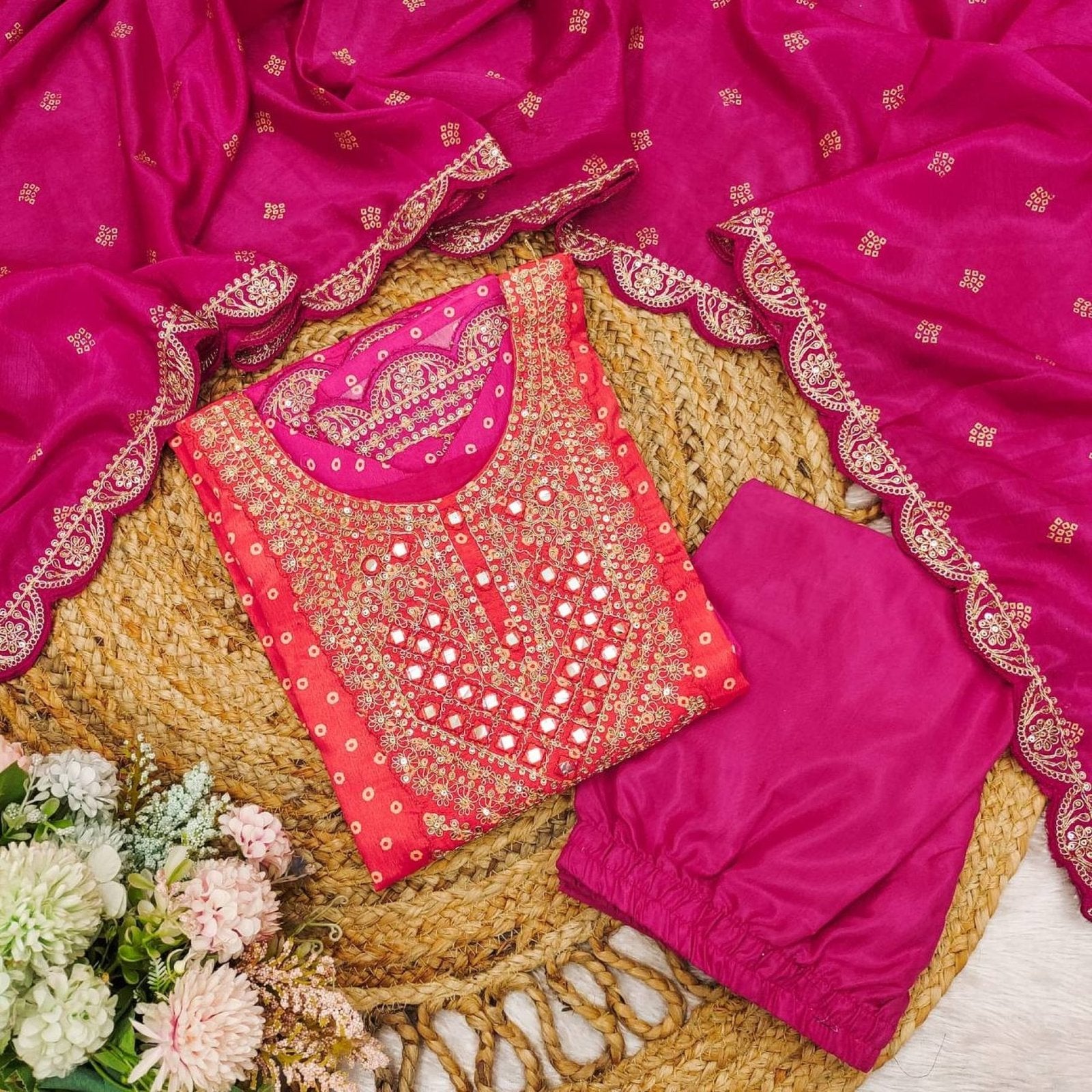 Multicoloured Bandhani print with mirror work and print Plus Size Kurti dupatta detail