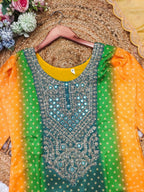 Multicoloured Bandhani print with mirror work and print Plus Size Kurti embroidery close-up