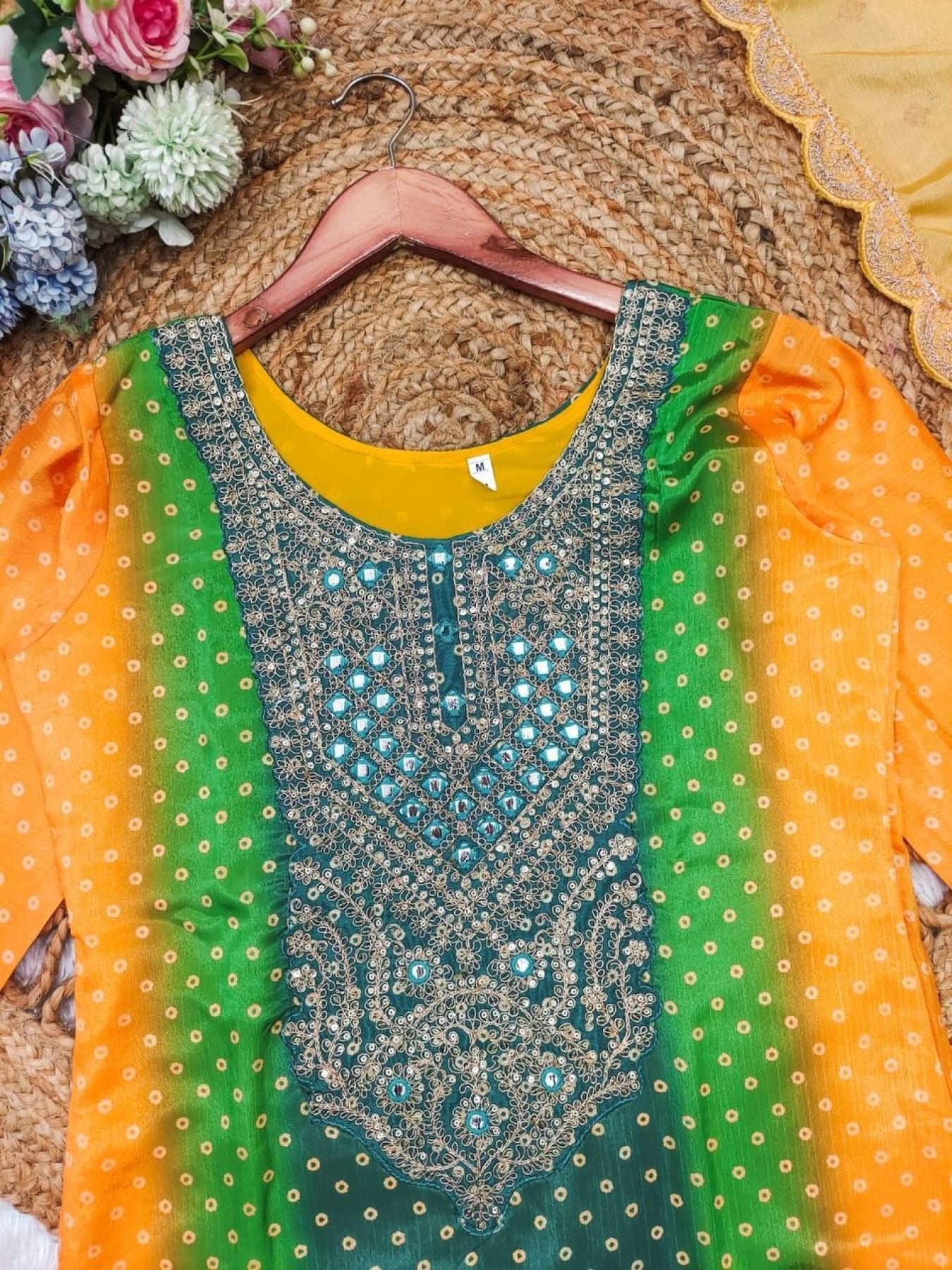 Multicoloured Bandhani print with mirror work and print Plus Size Kurti embroidery close-up