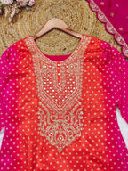 Multicoloured Bandhani print with mirror work and print Plus Size Kurti fabric texture detail