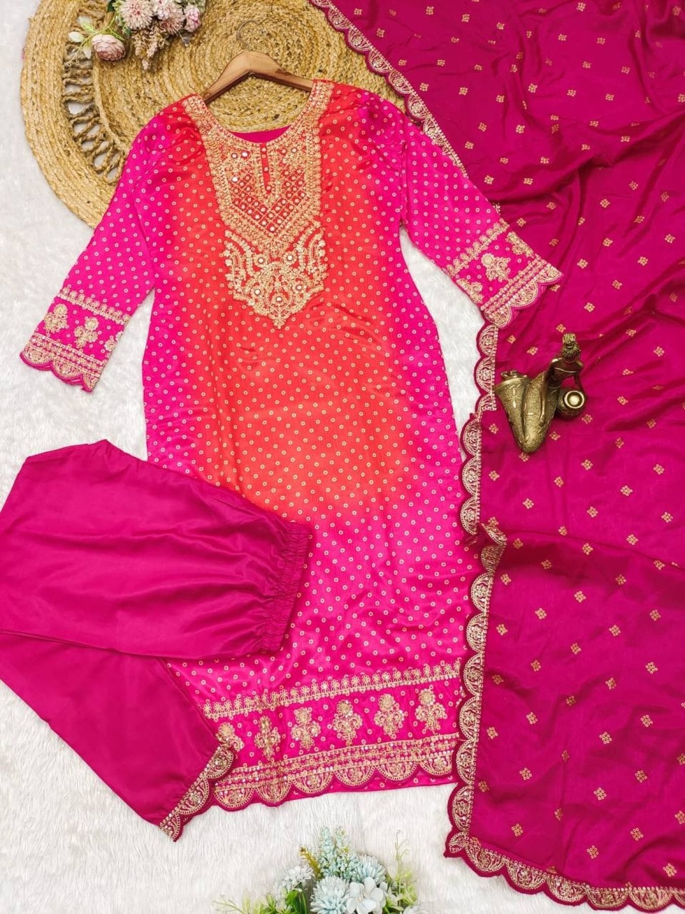 Multicoloured Bandhani print with mirror work and print Plus Size Kurti back view