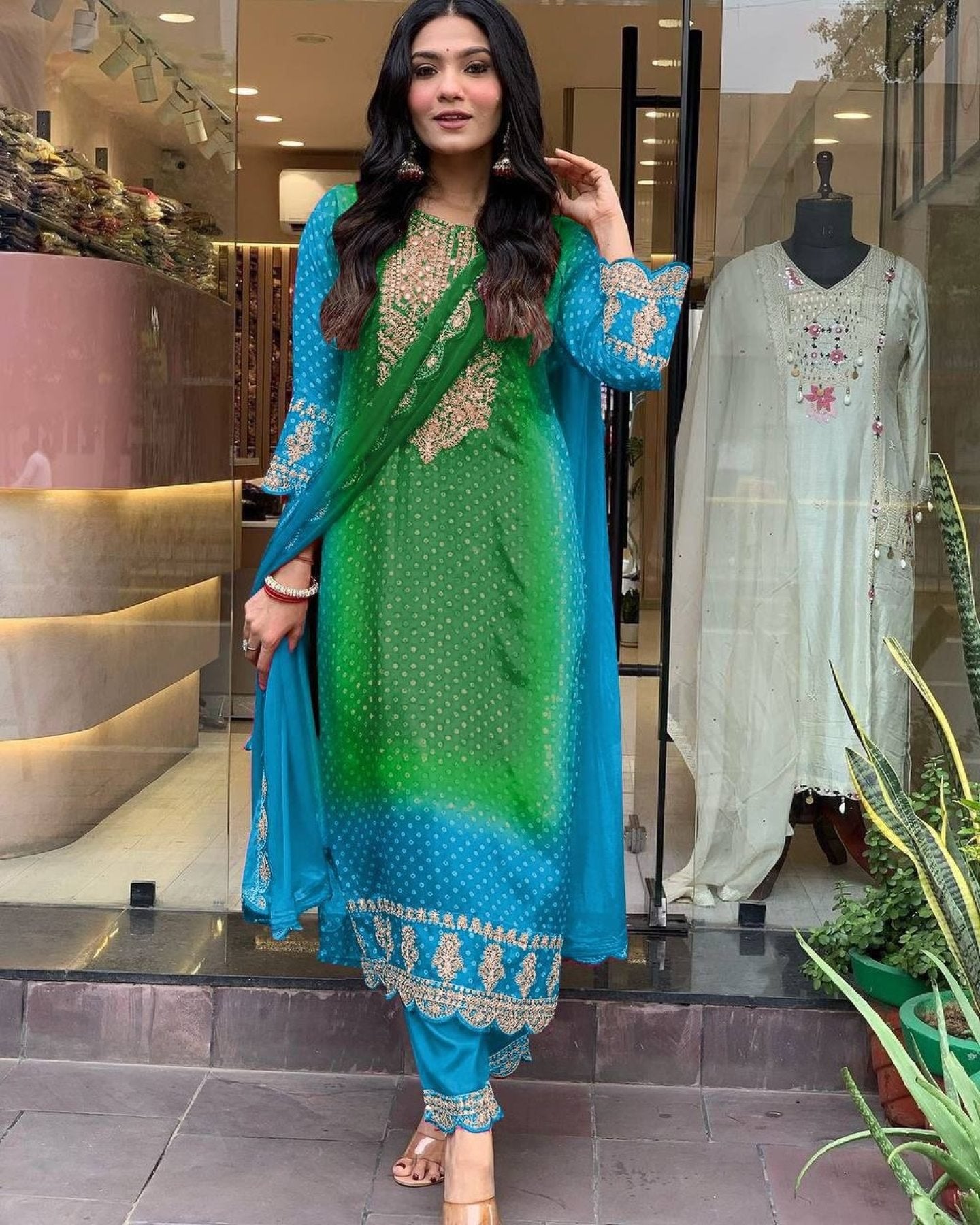 Multicoloured Bandhani print with mirror work and print Plus Size Kurti front view