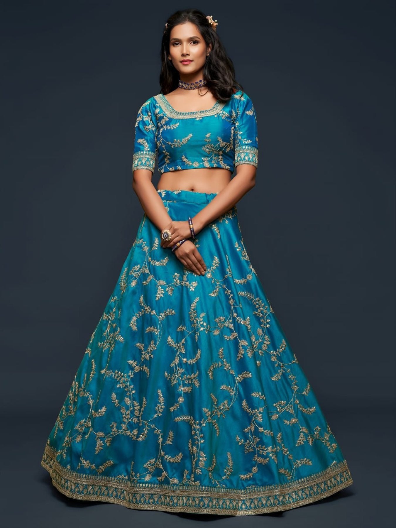 Art Silk Lehenga Choli Set with Heavy Zari and Sequins Work full drape view