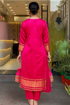 Viscose Silk Embroidered Lagadi Kurti with Cotton Pant Cut Work Dupatta full set view
