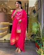 Viscose Silk Embroidered Lagadi Kurti with Cotton Pant Cut Work Dupatta detailed view