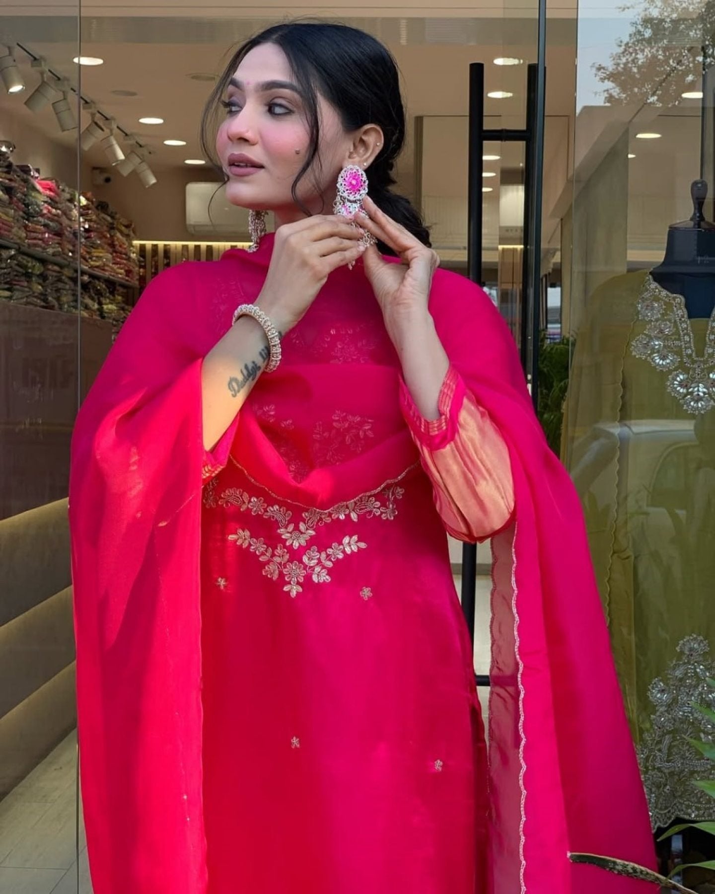 Viscose Silk Embroidered Lagadi Kurti with Cotton Pant Cut Work Dupatta embroidery close-up
