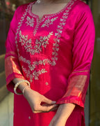 Viscose Silk Embroidered Lagadi Kurti with Cotton Pant Cut Work Dupatta fabric texture detail