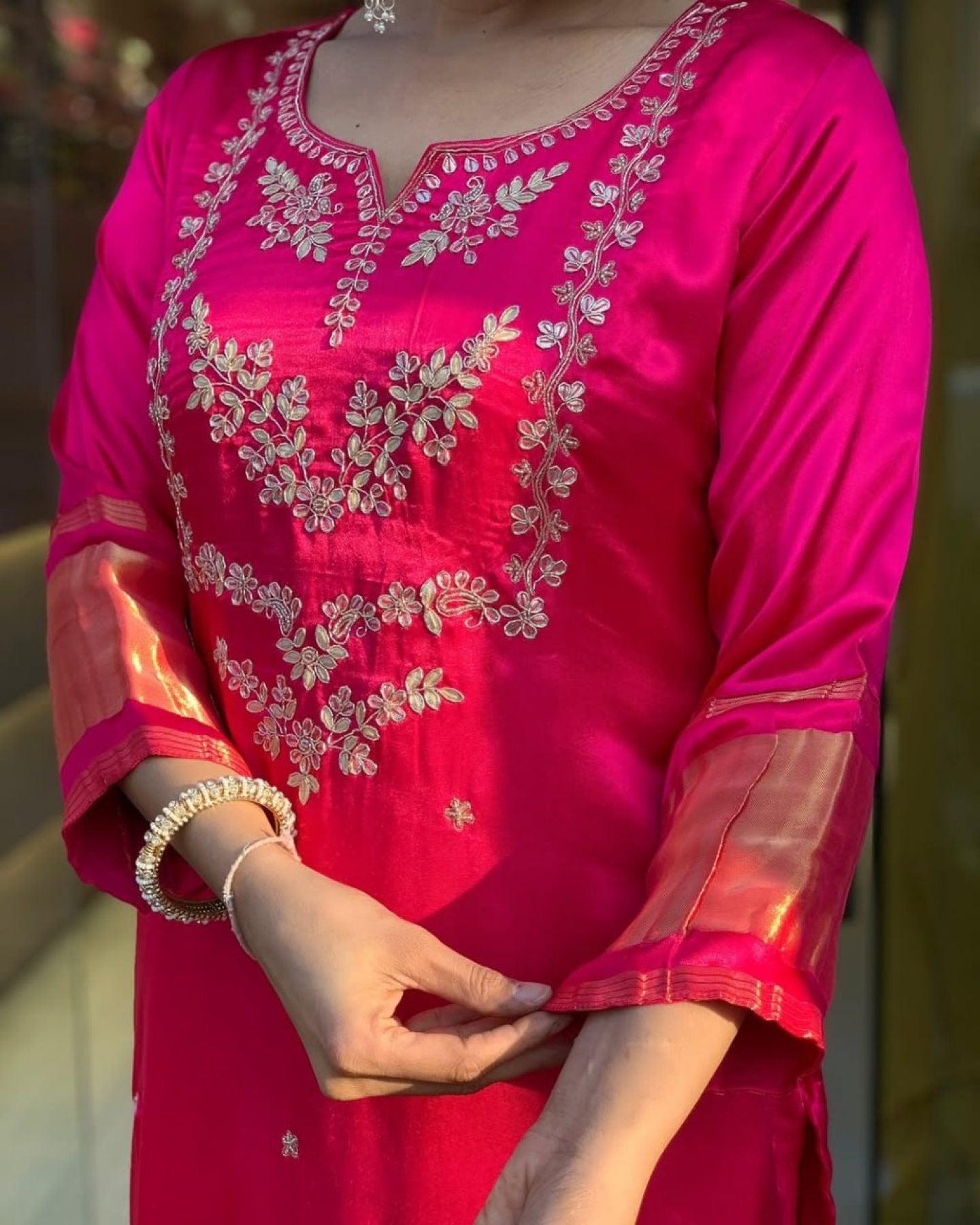 Viscose Silk Embroidered Lagadi Kurti with Cotton Pant Cut Work Dupatta fabric texture detail