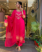 Viscose Silk Embroidered Lagadi Kurti with Cotton Pant Cut Work Dupatta back view