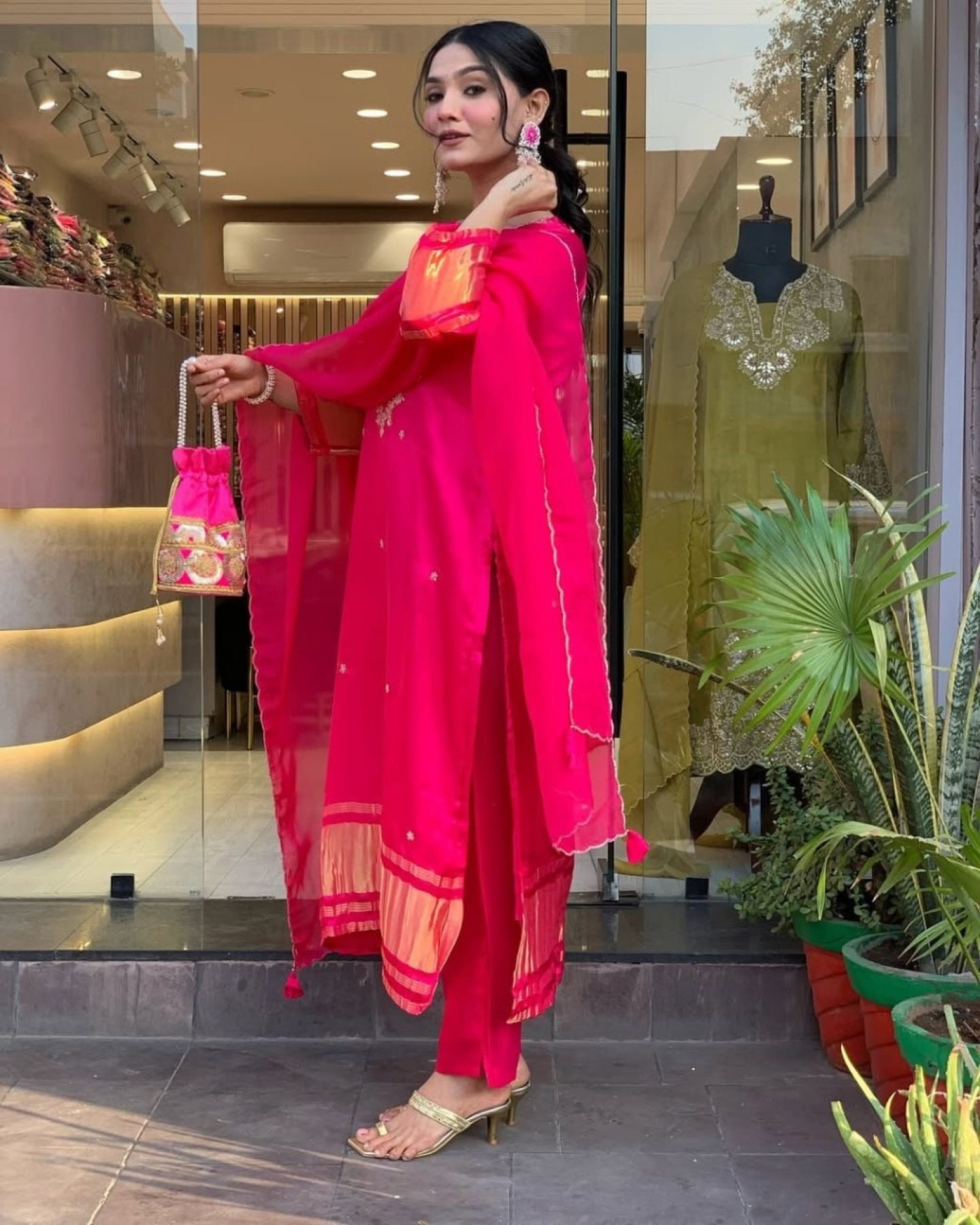 Viscose Silk Embroidered Lagadi Kurti with Cotton Pant Cut Work Dupatta styling view