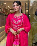 Viscose Silk Embroidered Lagadi Kurti with Cotton Pant Cut Work Dupatta detailed view