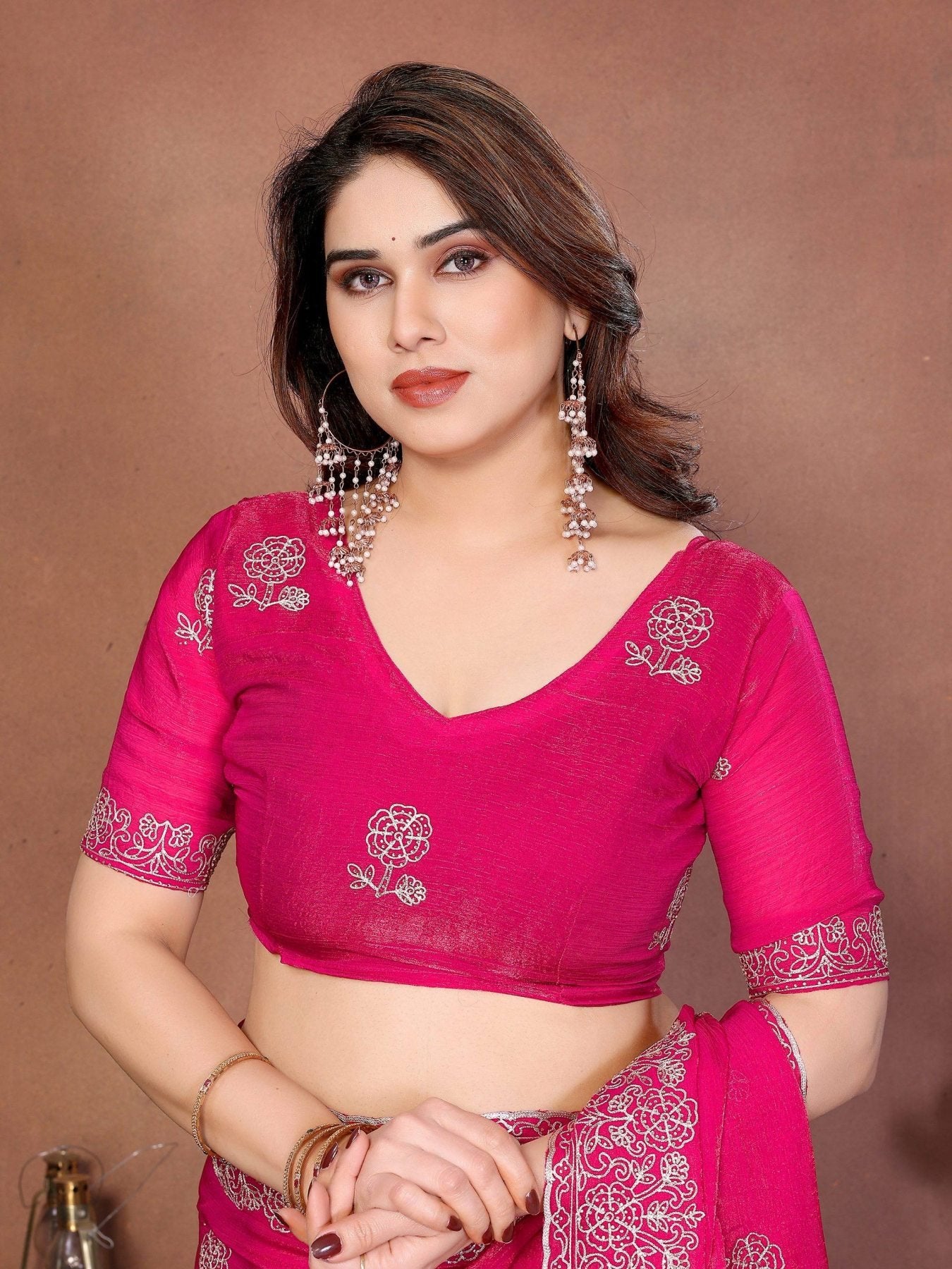 Pink Chiffon Saree - blouse and border close-up