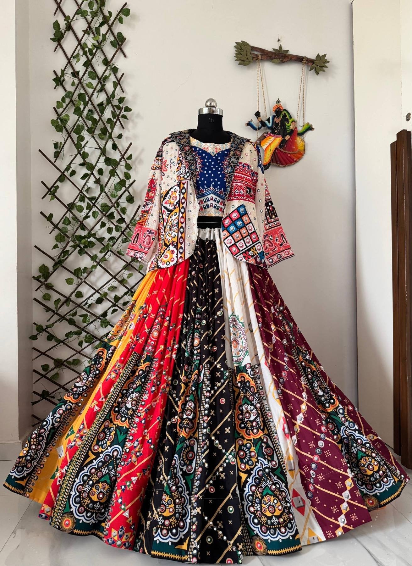 Festive Special Muslin Cotton Chaniya Choli with Jacket And Real Mirror Wor front view