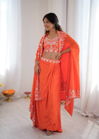 Indo Western Crepe Silk Dhoti Set with Silk Blouse Sequined Shrug Lehenga styling view