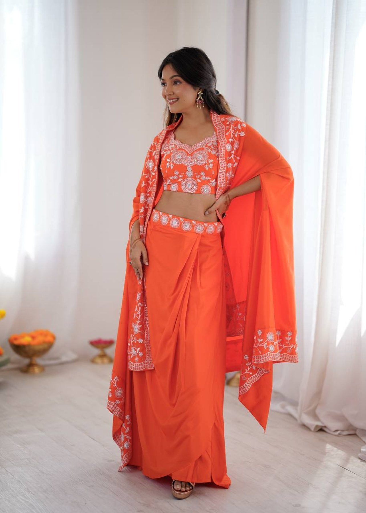 Indo Western Crepe Silk Dhoti Set with Silk Blouse Sequined Shrug Lehenga styling view