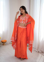 Indo Western Crepe Silk Dhoti Set with Silk Blouse Sequined Shrug Lehenga colour variant view