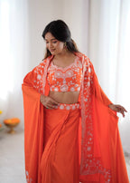 Indo Western Crepe Silk Dhoti Set with Silk Blouse Sequined Shrug Lehenga front view