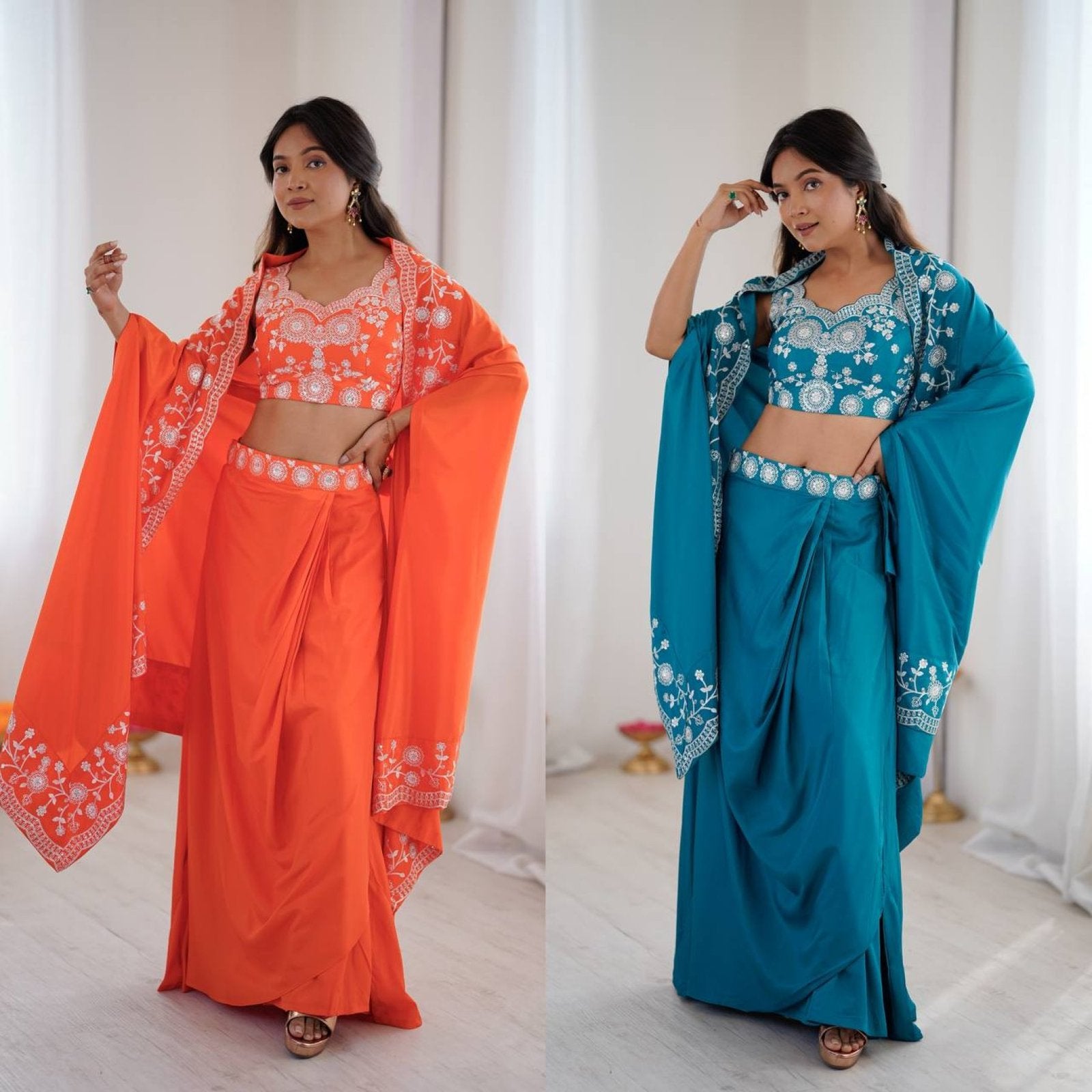 Indo Western Crepe Silk Dhoti Set with Silk Blouse Sequined Shrug Lehenga styling view