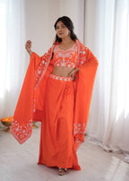 Indo Western Crepe Silk Dhoti Set with Silk Blouse Sequined Shrug Lehenga colour variant view