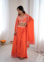 Indo Western Crepe Silk Dhoti Set with Silk Blouse Sequined Shrug Lehenga front view