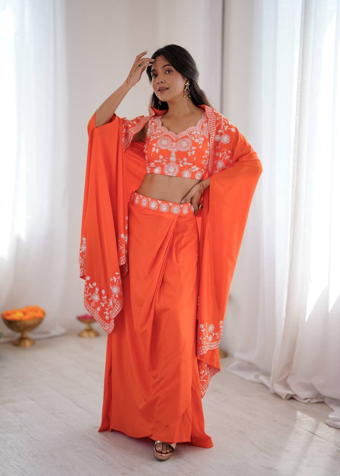 Indo Western Crepe Silk Dhoti Set with Silk Blouse Sequined Shrug Lehenga full drape view