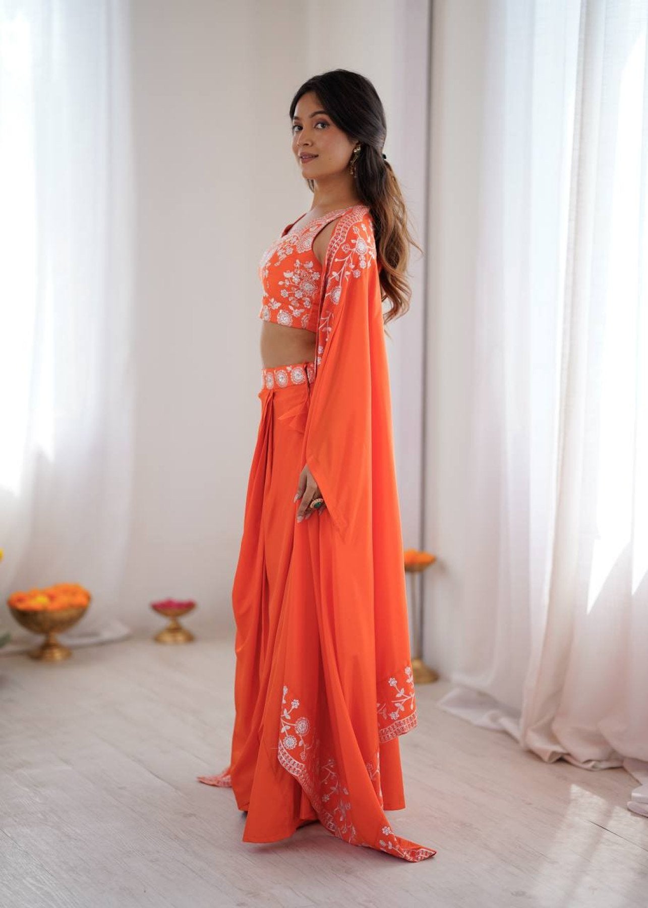 Indo Western Crepe Silk Dhoti Set with Silk Blouse Sequined Shrug Lehenga detailed view