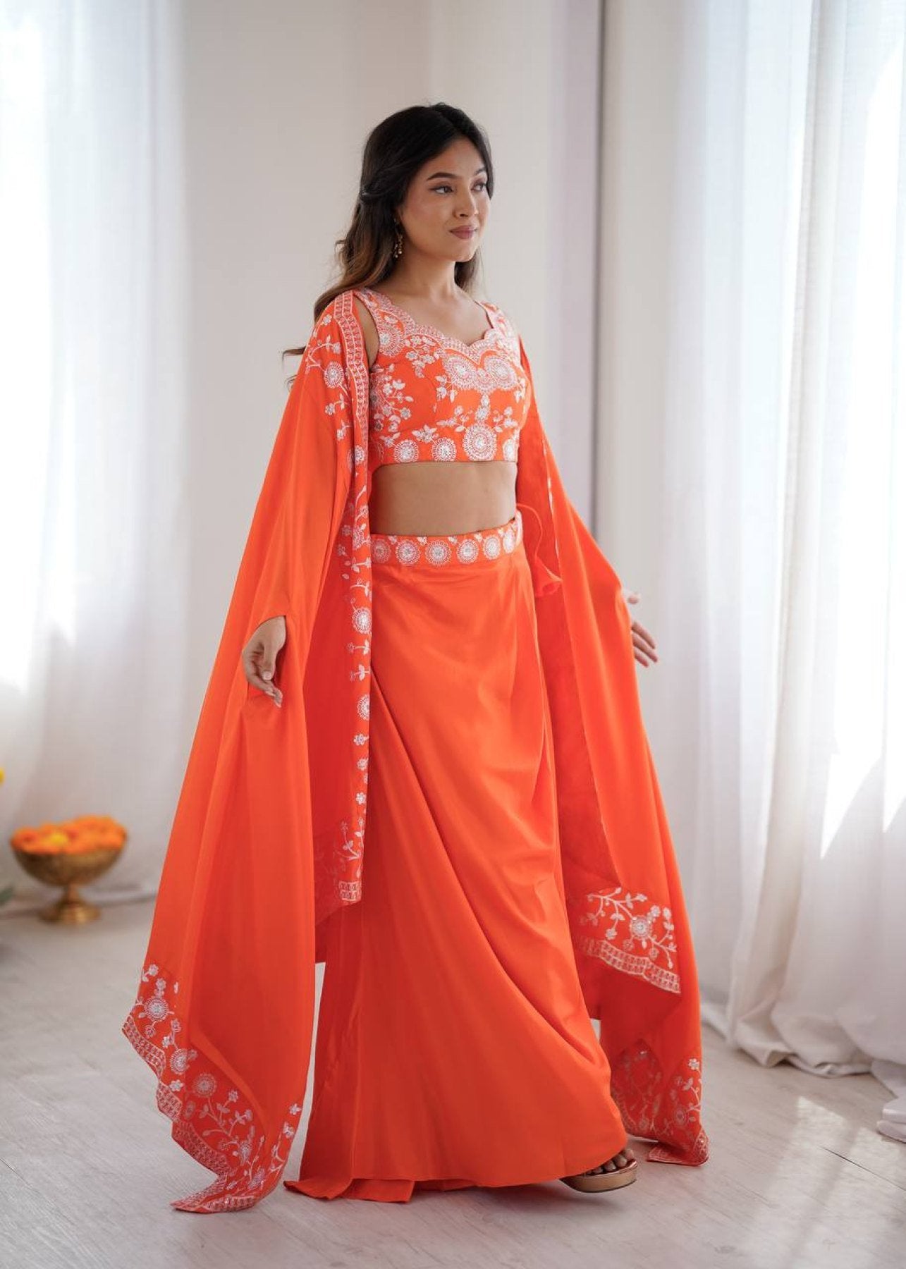 Indo Western Crepe Silk Dhoti Set with Silk Blouse Sequined Shrug Lehenga embroidery close-up