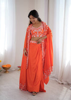 Indo Western Crepe Silk Dhoti Set with Silk Blouse Sequined Shrug Lehenga fabric texture detail