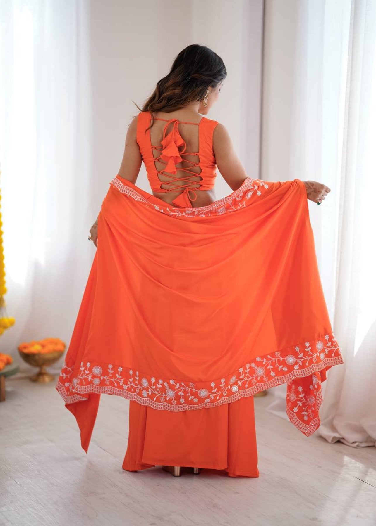 Indo Western Crepe Silk Dhoti Set with Silk Blouse Sequined Shrug Lehenga back view