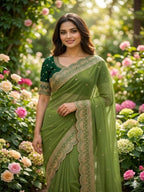 Green Georgette Saree for women - full front view | Snyvia
