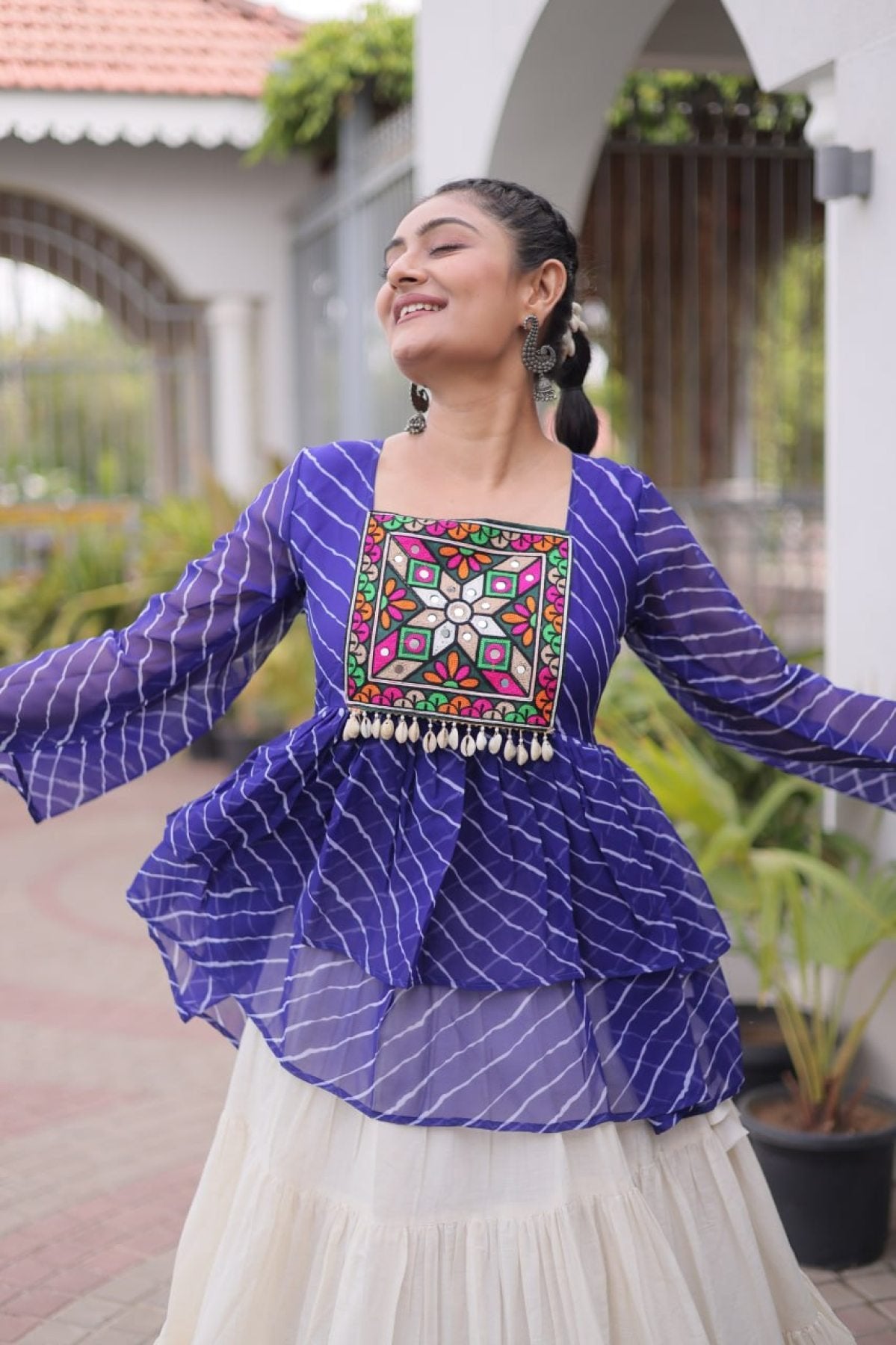 Navratri Kora Cotton Lehenga Choli with Kutchi Gamthi Patchwork styling view
