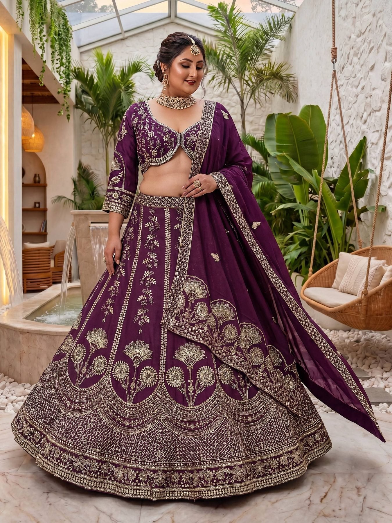 Blue Chinon Silk Plus Size Lehenga Choli with Zari Sequins Embroidery blouse and dupatta detail
