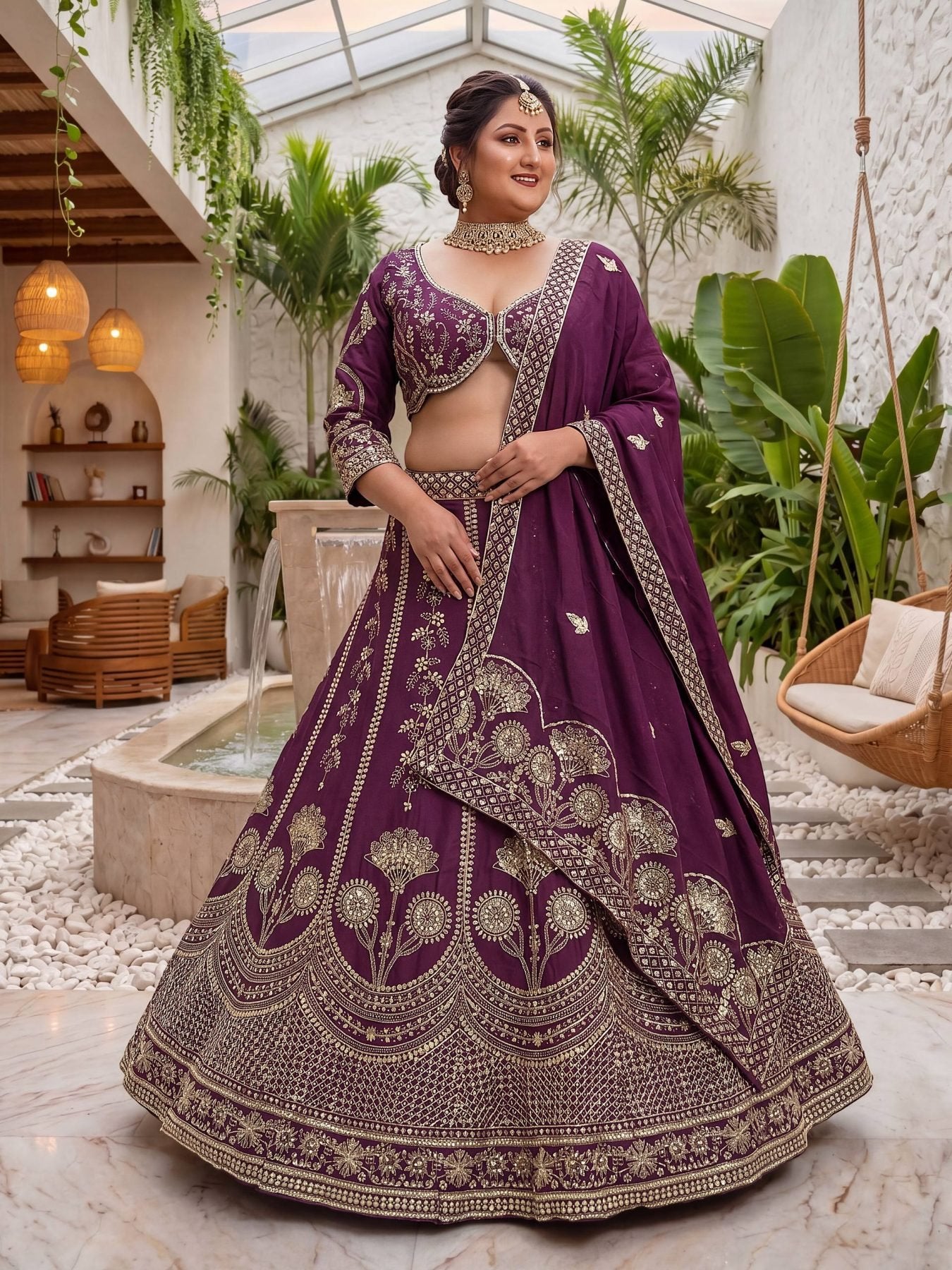Chinon Silk Plus Size Lehenga Choli with Zari Sequins Embroidery detailed view