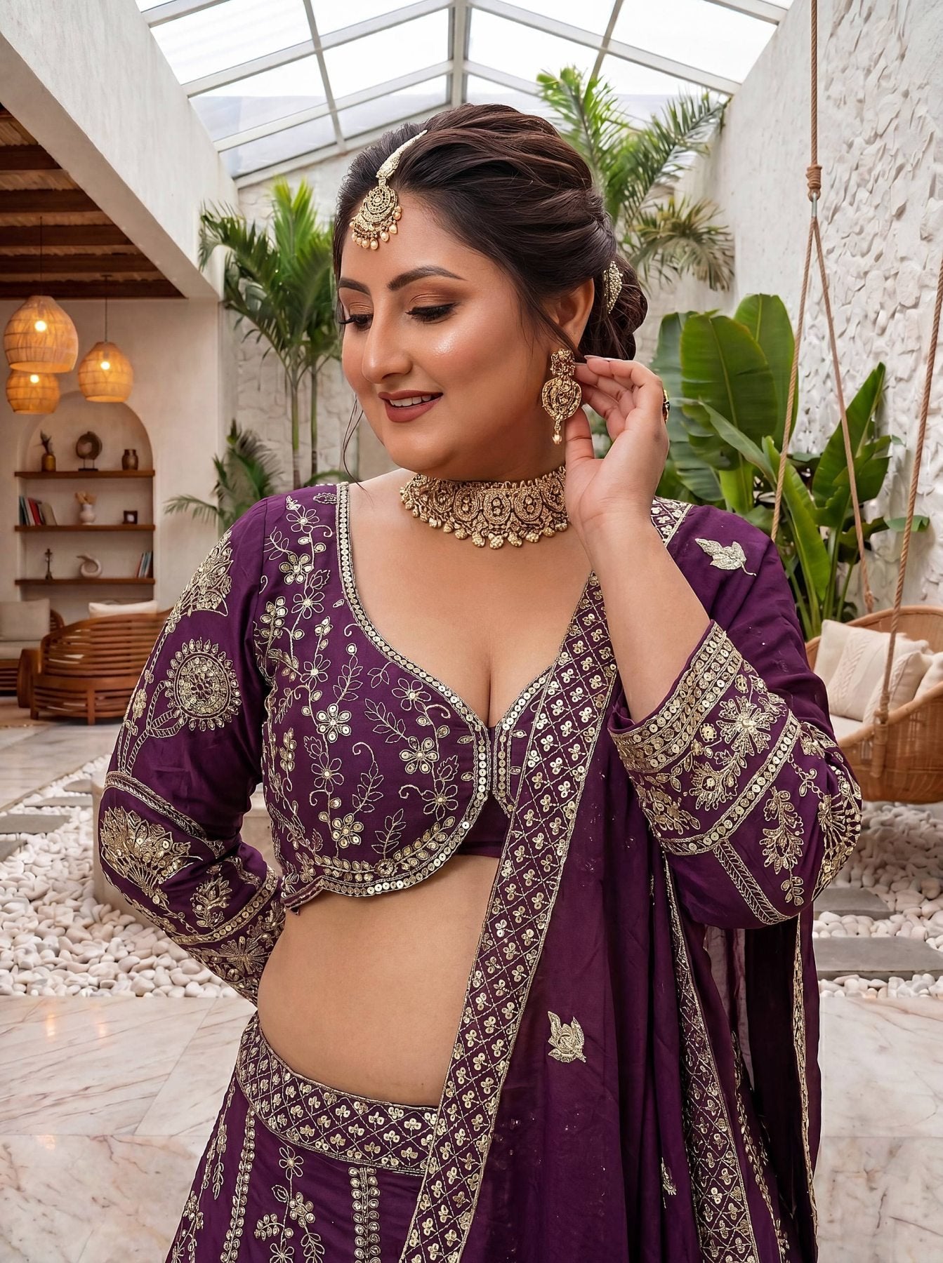 Chinon Silk Plus Size Lehenga Choli with Zari Sequins Embroidery fabric texture detail