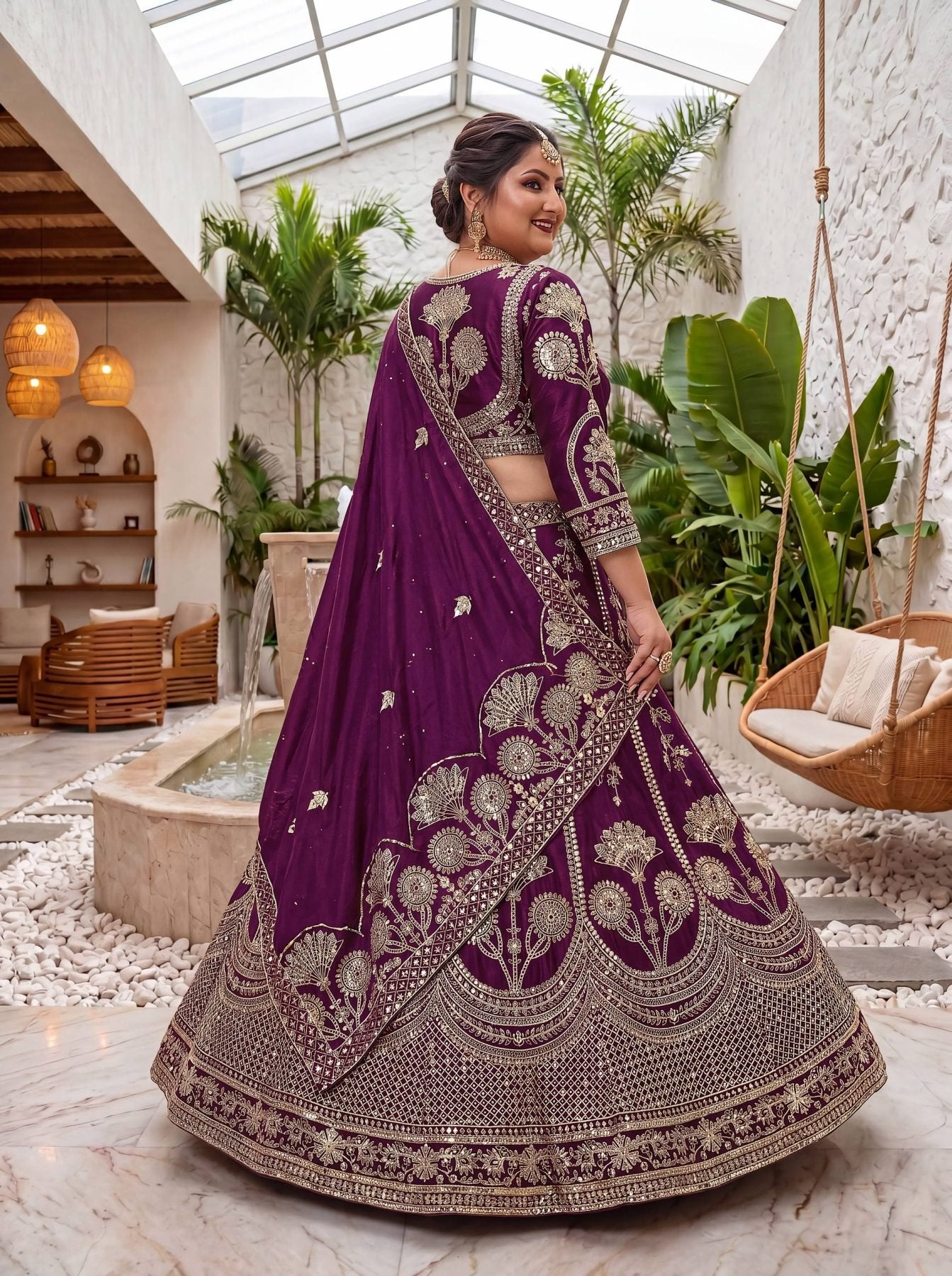 Chinon Silk Plus Size Lehenga Choli with Zari Sequins Embroidery back view